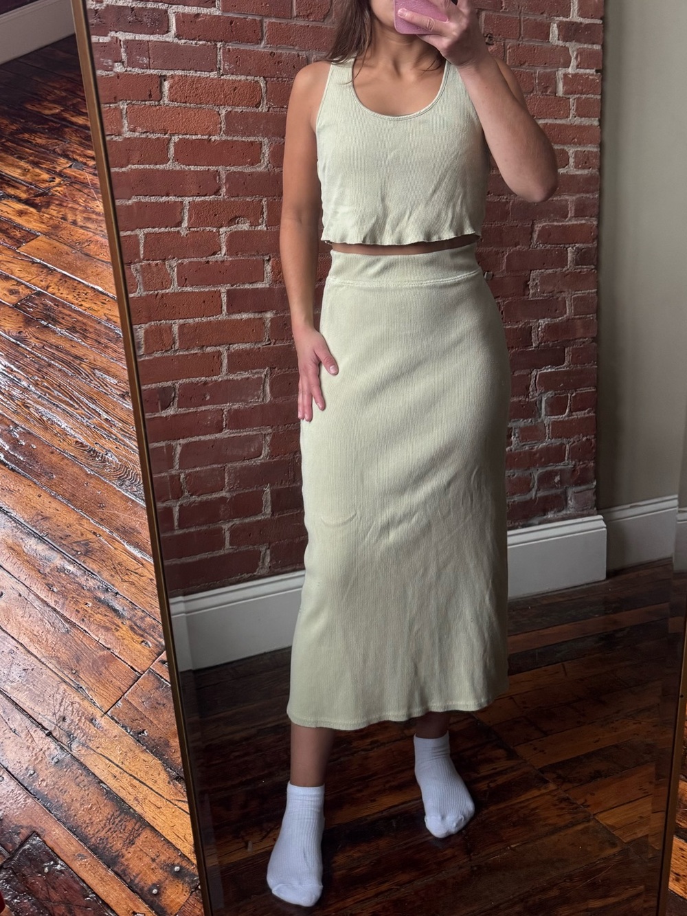 Light Sage Green Ribbed Midi Skirt & Cropped Tank Matching Set
